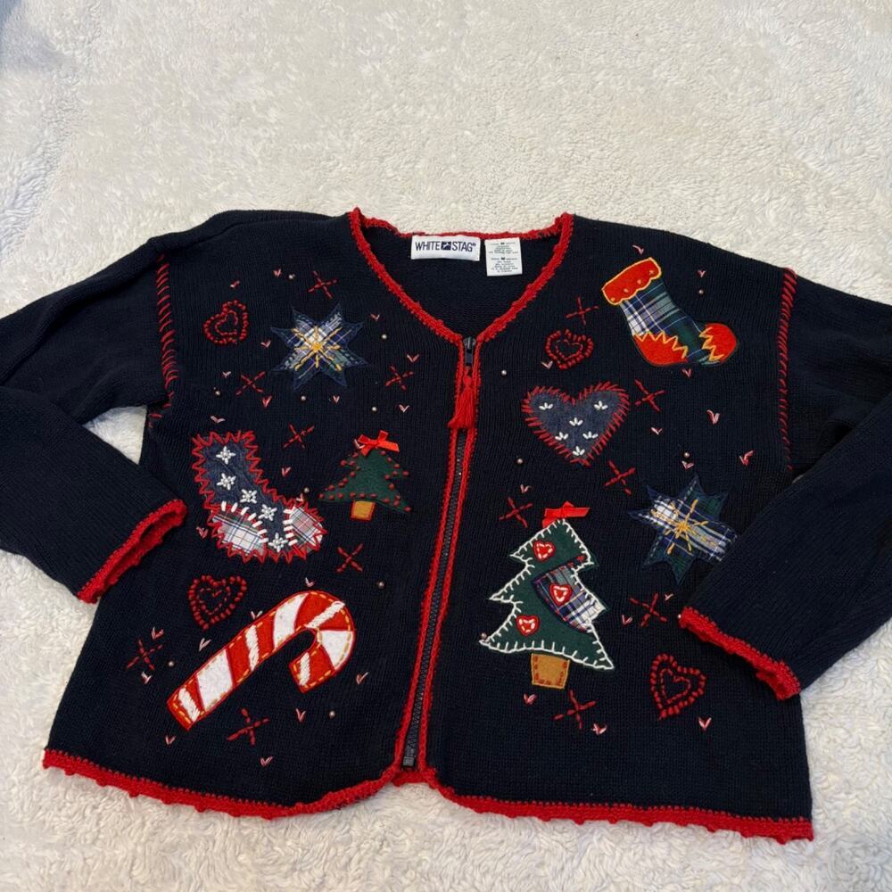 VTG Christmas Navy Women M Stocking Holiday 90s Retro Festive Cotton Embroidered
